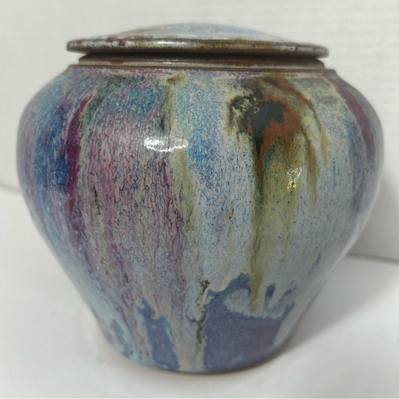 Studio Art Pottery Ginger Jar Urn Canister Lid Signed Blue Purple  Rustic - Picture 2 of 7
